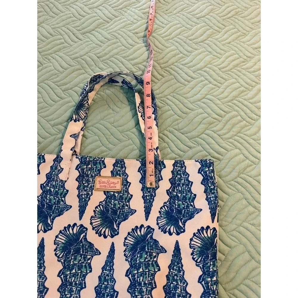 Lilly Pulitzer Estee Lauder Canvas Tote Bag Blue Teal Seashell‎ Print Beach Bag